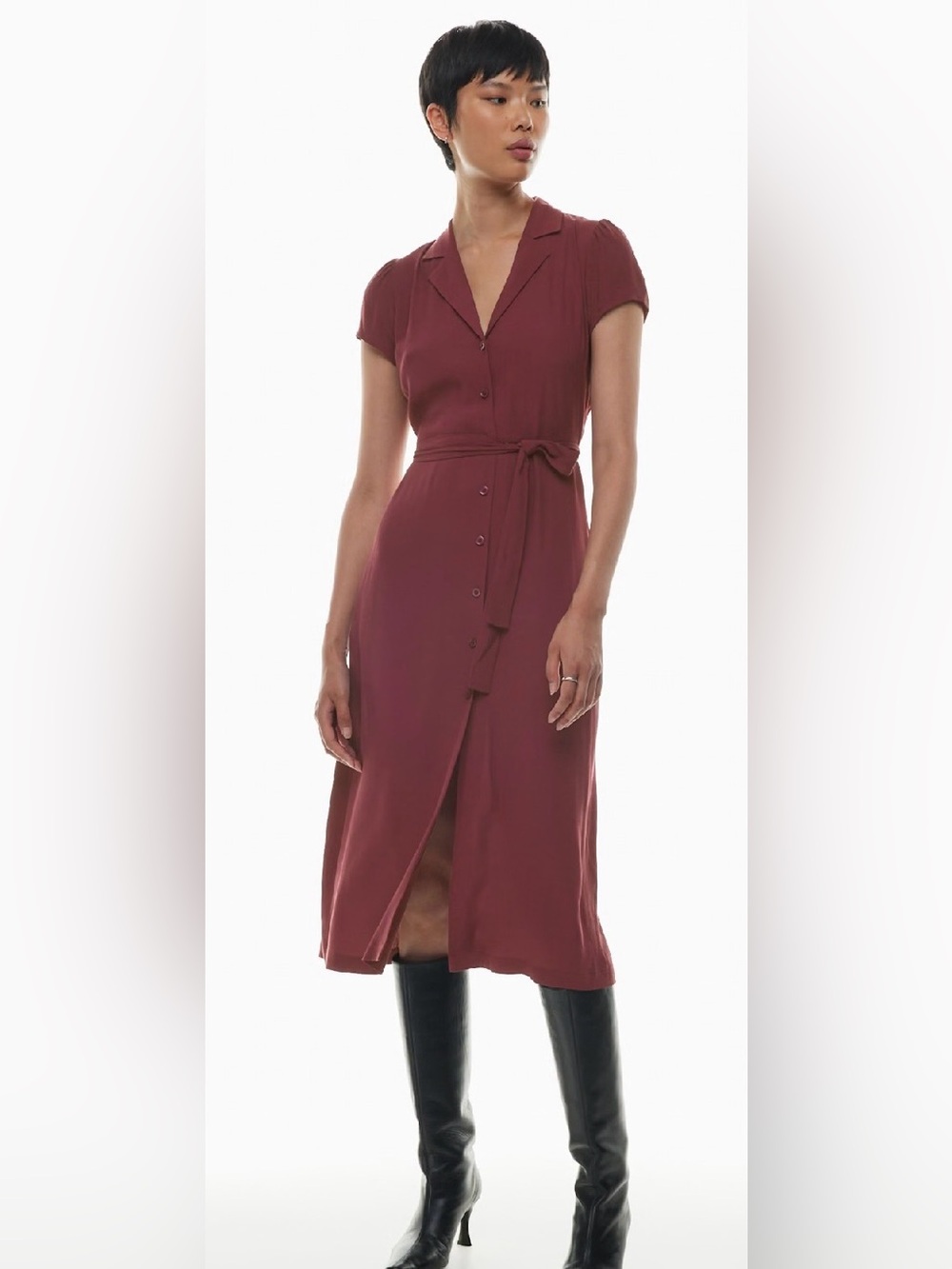 Wilfred Aritzia Button Up Shirt Dress Belted Burgundy Size 2XS Cap Sleeve